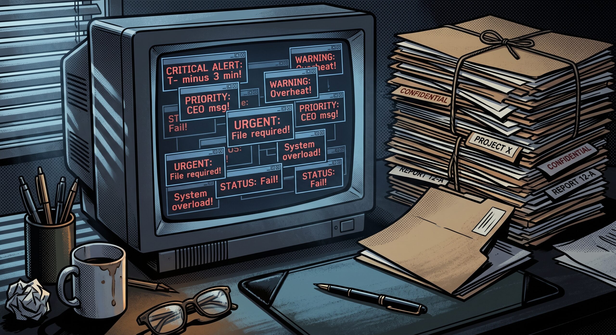 Overloaded monitor with alert messages next to a stack of confidential file folders
