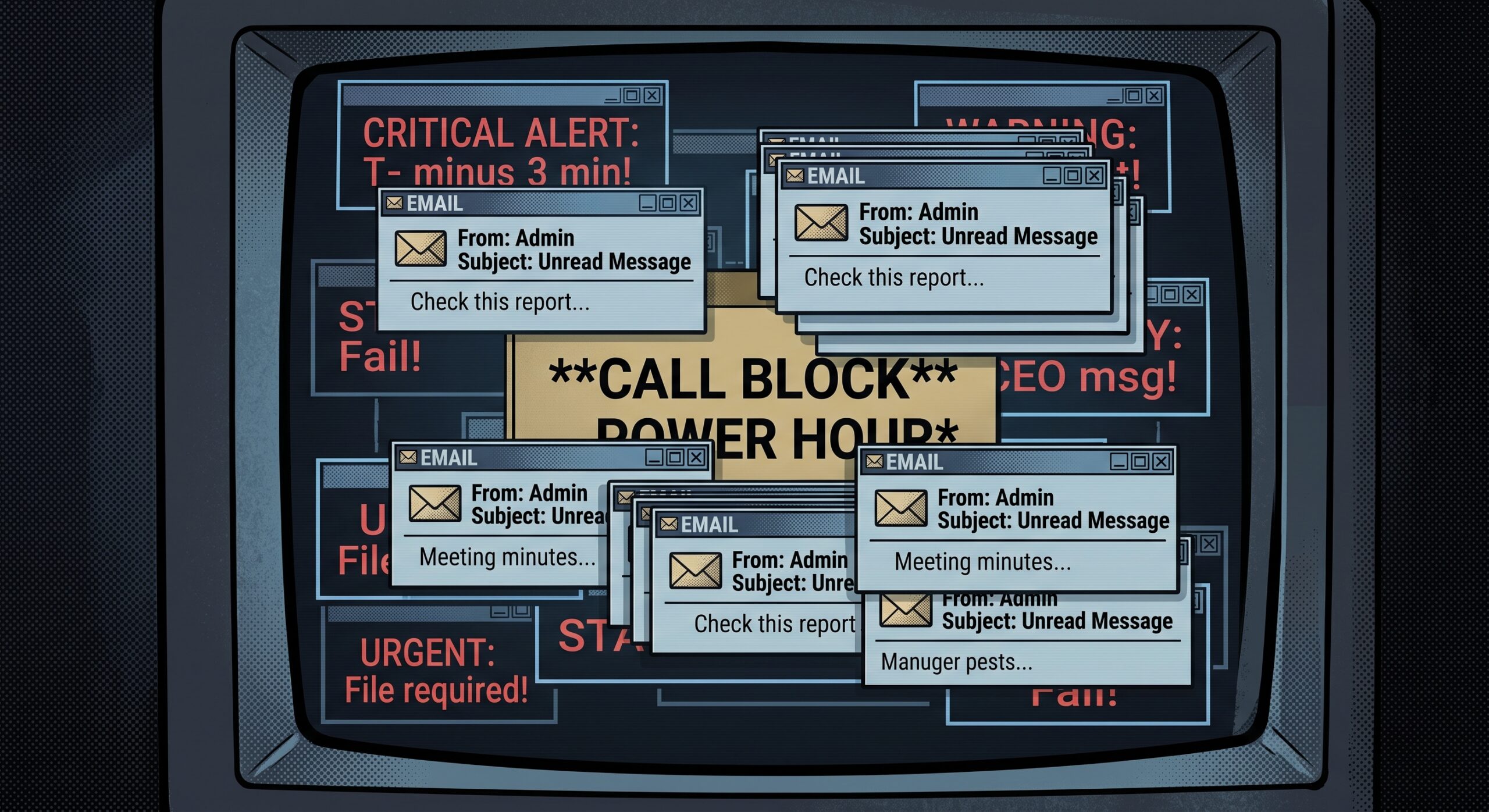 Calendar reminder buried behind a stack of email popups