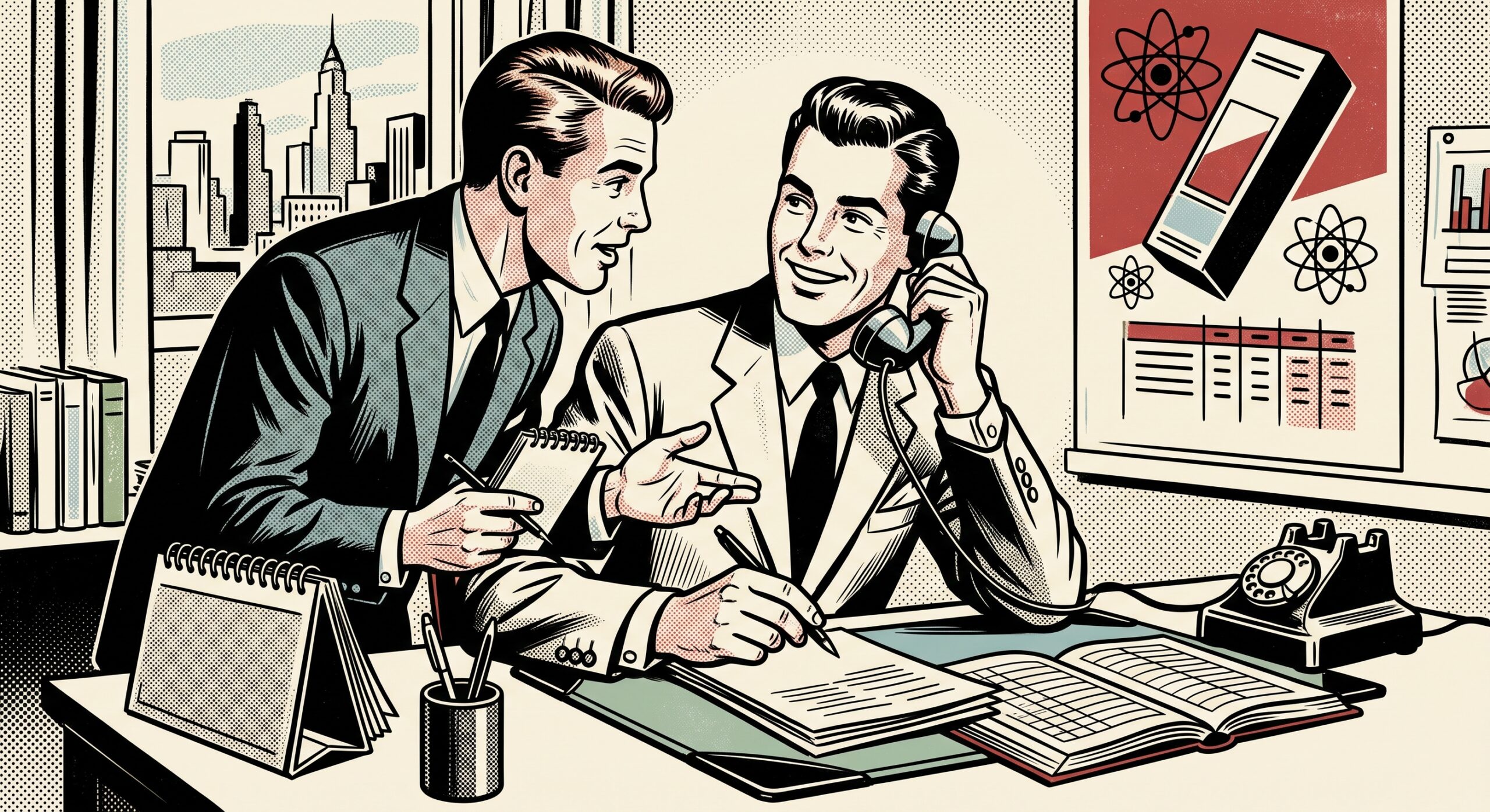 Two men at a desk, one leaning in giving advice, atomic-age illustration style