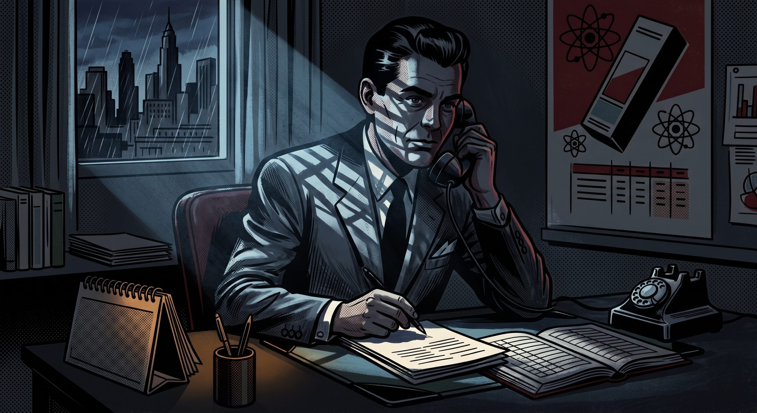 Illustrated rep at a desk, noir style