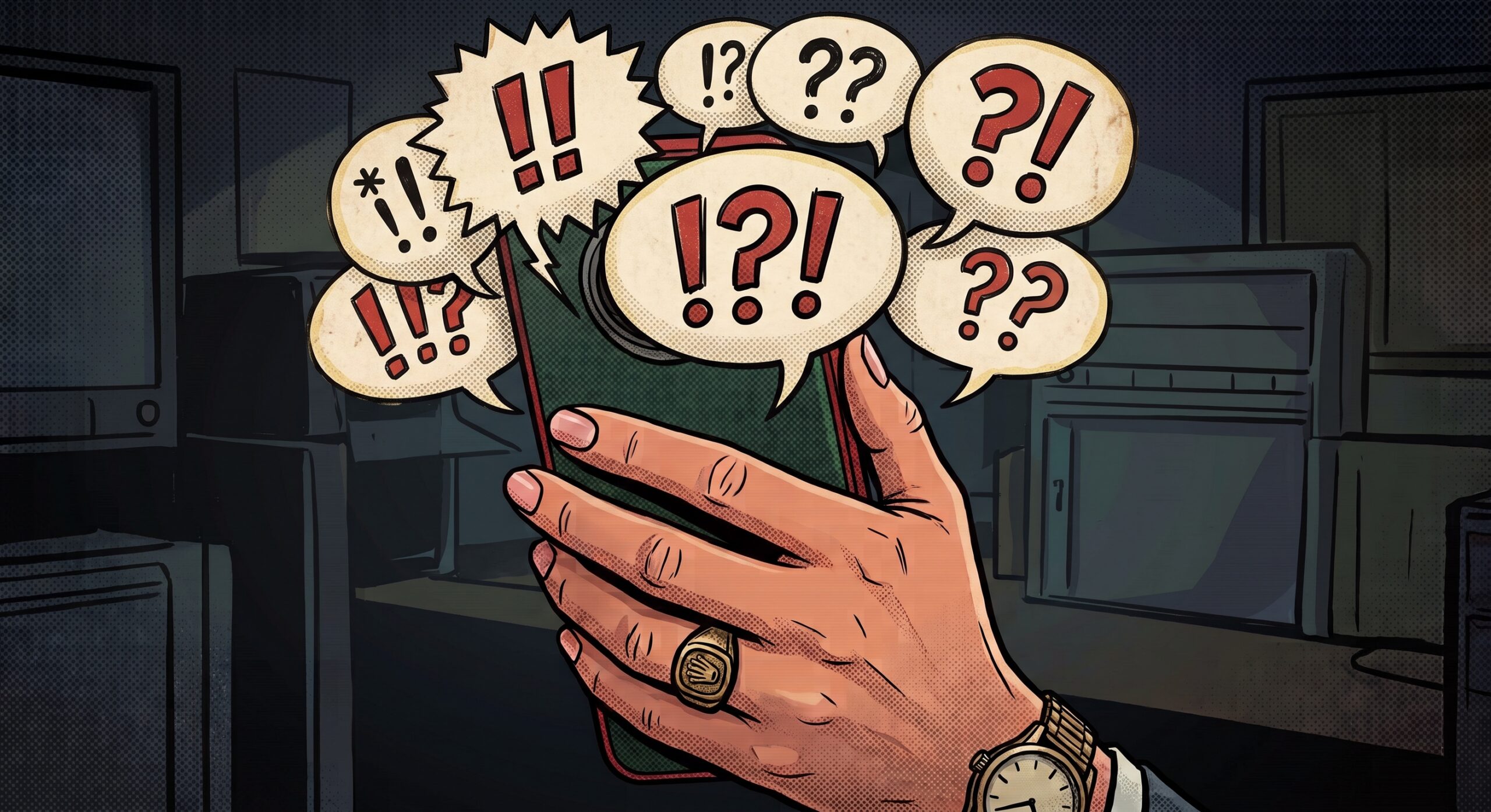 Hand holding a phone surrounded by reactive speech-bubble notifications